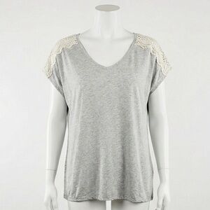 Sonoma Gray Knit V Neck Top Crochet Lace Shoulder Yoke Short Sleeve Shirt XL
